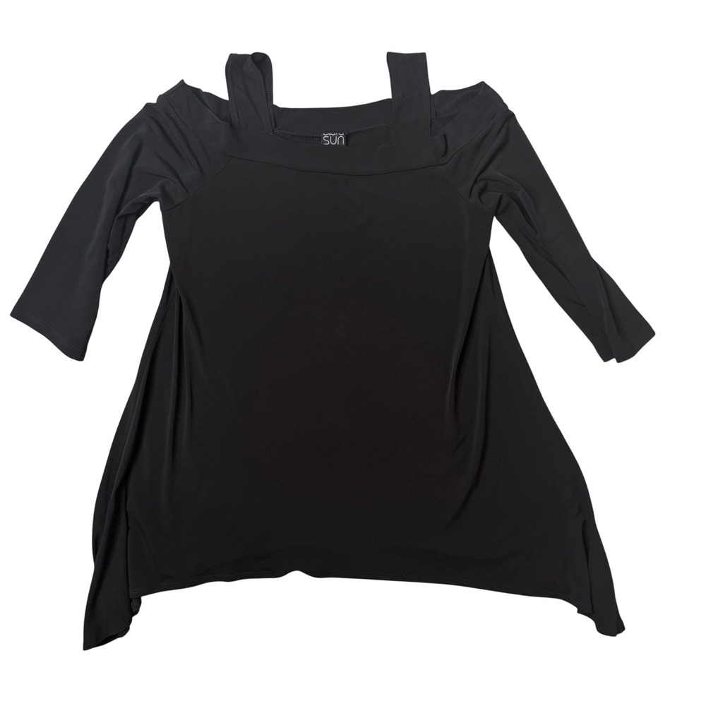 Clara Sun Woo Black Cold Shoulder Tunic Top Sharkbite Hem Flowy Size M Stretch